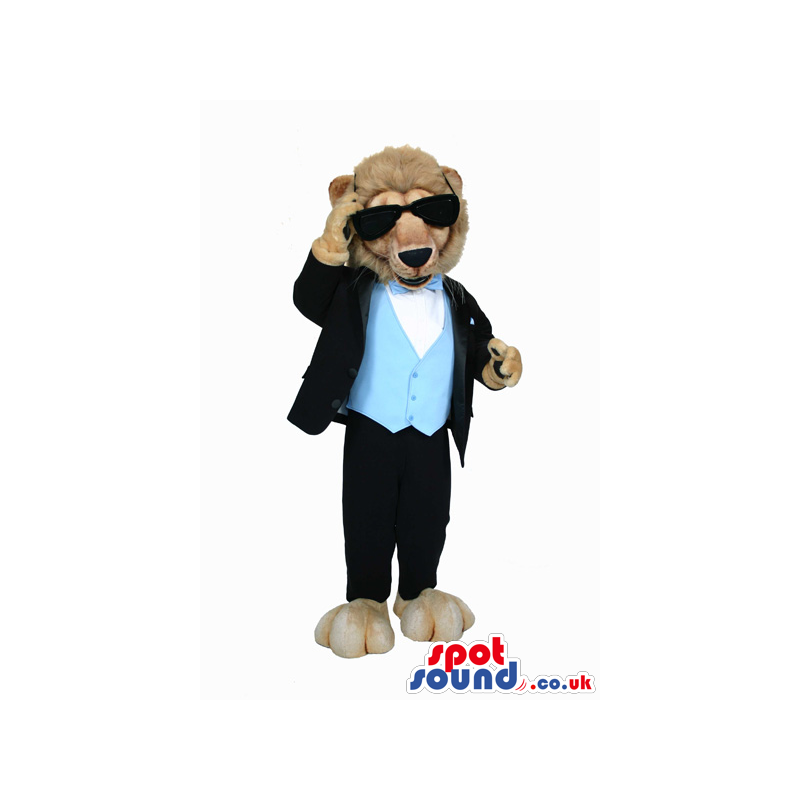 Brown Lion Plush Mascot Wearing Elegant Clothes And Sunglasses