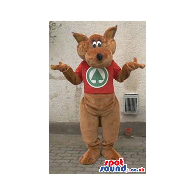 Brown Kangaroo Plush Animal Mascot With A Red T-Shirt With Logo