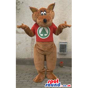 Brown Kangaroo Plush Animal Mascot With A Red T-Shirt With Logo