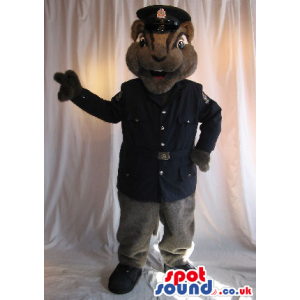 Grey Chipmunk Plush Animal Mascot With A Police Uniform.