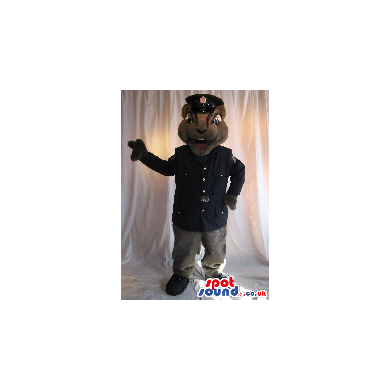 Grey Chipmunk Plush Animal Mascot With A Police Uniform. -