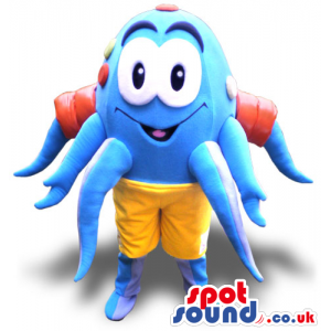 Customizable Funny Blue Plush Octopus Mascot With Yellow Shorts