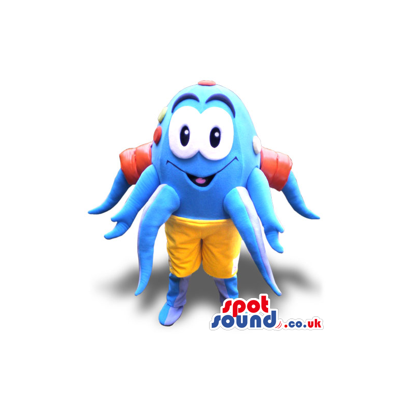 Customizable Funny Blue Plush Octopus Mascot With Yellow Shorts