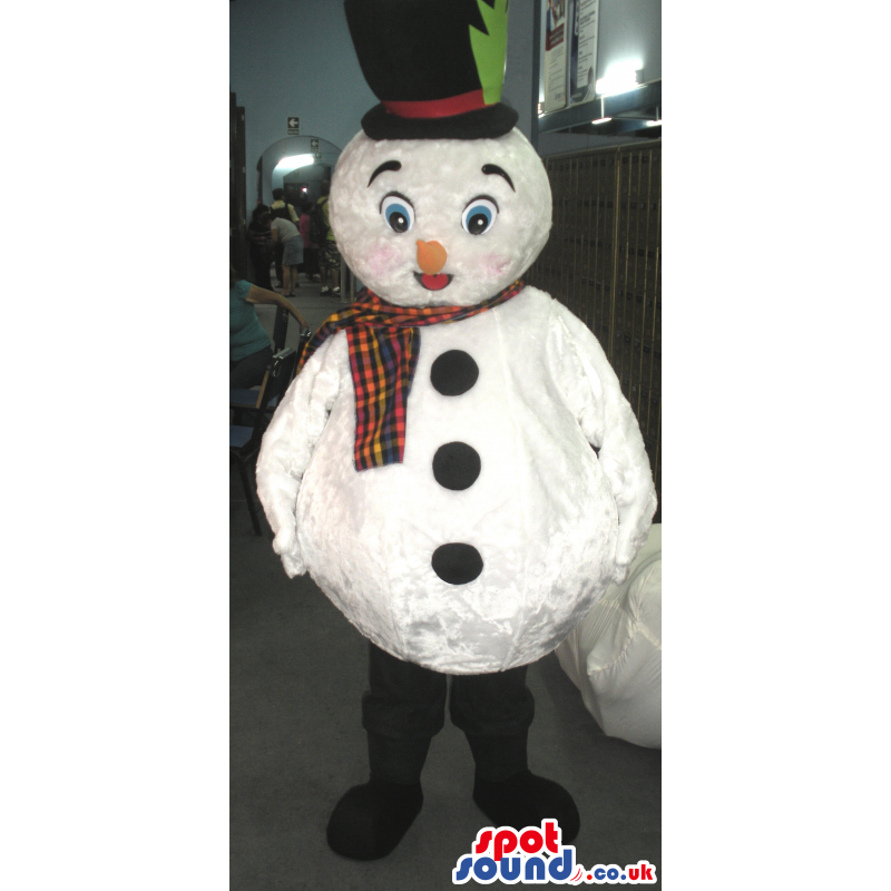White snowman with hat and scarf round the neck and black boots