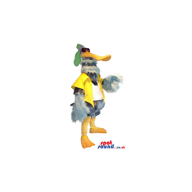 Cool Grey Hairy Bird Plush Mascot Wearing A Shirt And