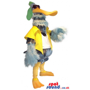 Cool Grey Hairy Bird Plush Mascot Wearing A Shirt And