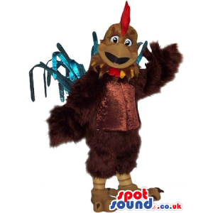 Brown Rooster Plush Mascot With A Red Comb And Blue Tail -