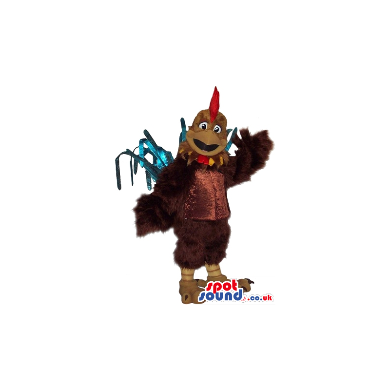 Brown Rooster Plush Mascot With A Red Comb And Blue Tail -