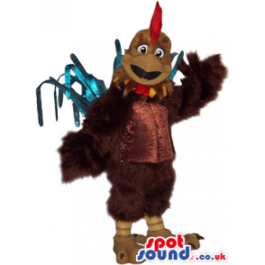 Brown Rooster Plush Mascot With A Red Comb And Blue Tail -