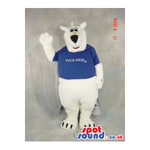 White Bear Plush Mascot Wearing A Blue T-Shirt With Text -