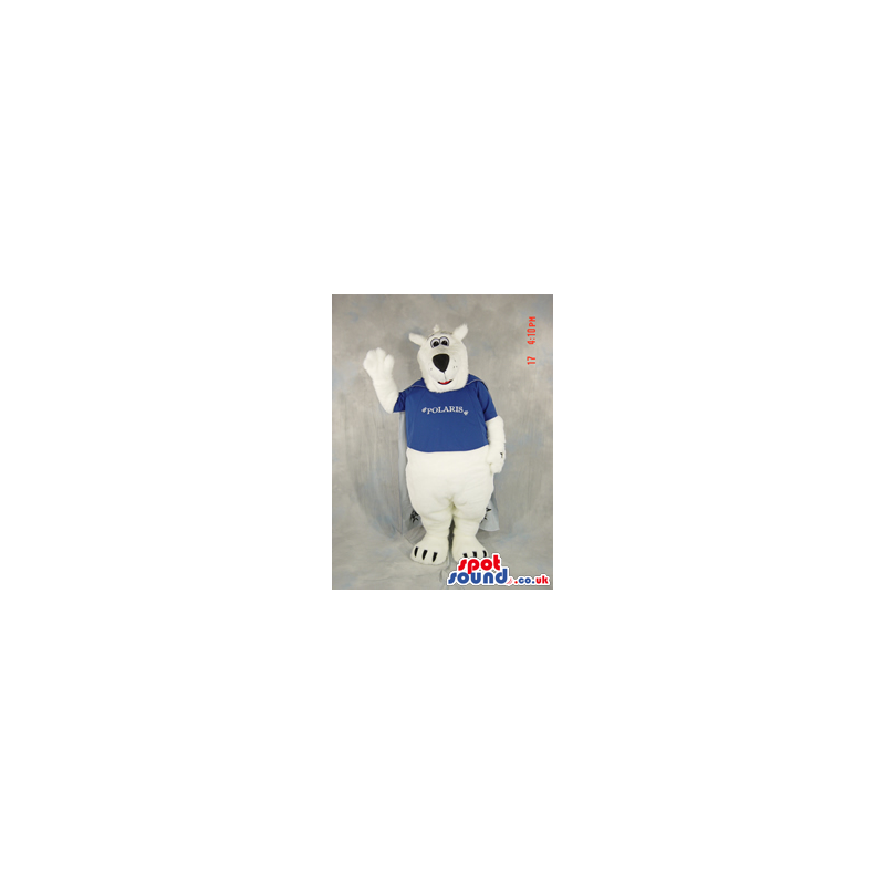 White Bear Plush Mascot Wearing A Blue T-Shirt With Text -