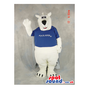 White Bear Plush Mascot Wearing A Blue T-Shirt With Text -