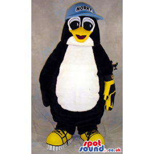 Cute Penguin Plush Mascot Wearing A Cap With Text - Custom
