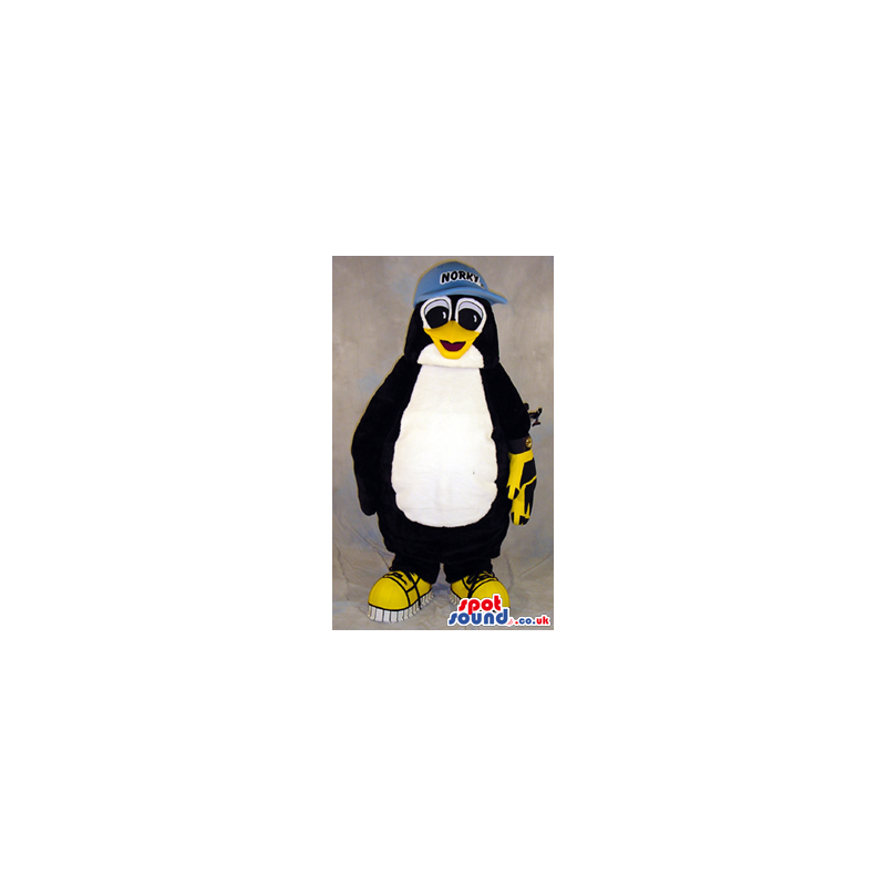 Cute Penguin Plush Mascot Wearing A Cap With Text - Custom