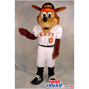 Cute Brown Dog Plush Mascot Wearing Baseball Garments With Text