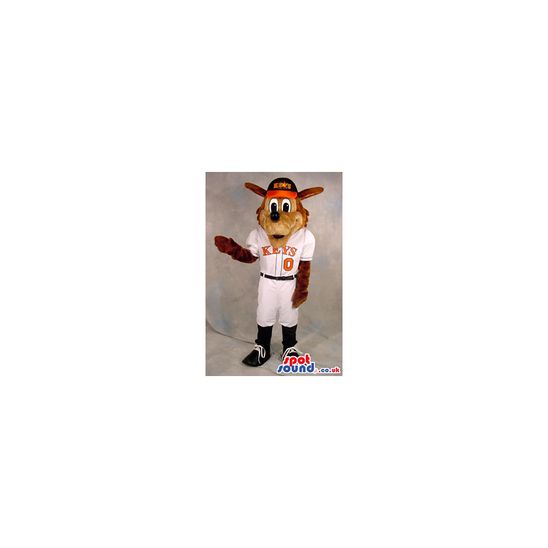 Cute Brown Dog Plush Mascot Wearing Baseball Garments With Text