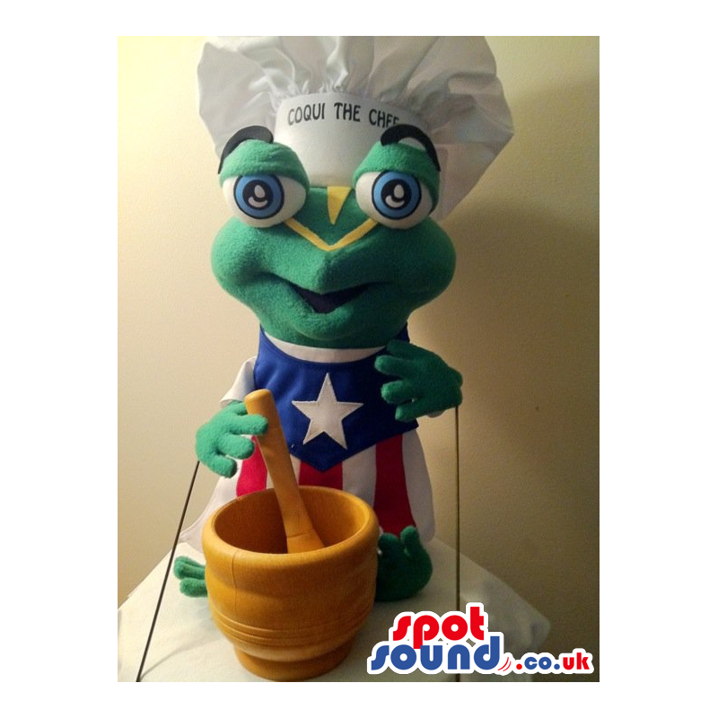 Cute Green Frog Mascot Wearing A Cuban Flag And Chef Hat -
