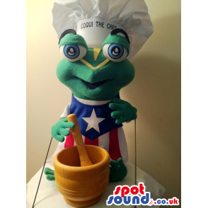 Cute Green Frog Mascot Wearing A Cuban Flag And Chef Hat -