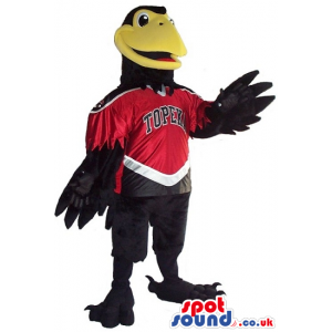 Black Bird Plush Mascot Wearing Red Sports Clothes With Text -