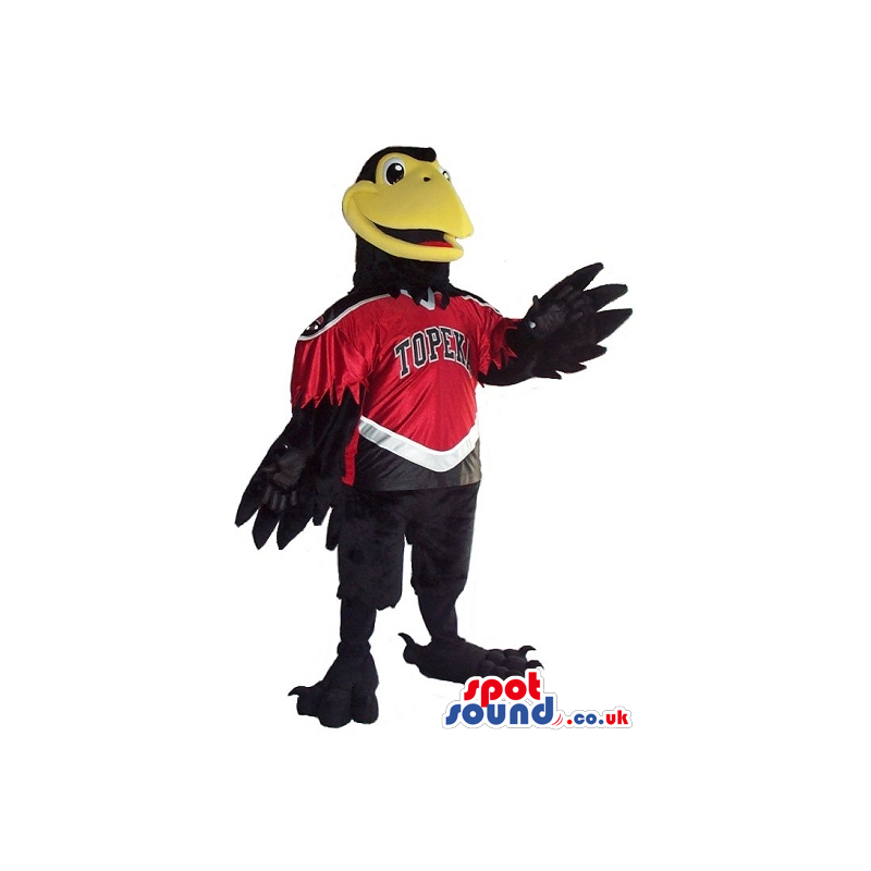 Black Bird Plush Mascot Wearing Red Sports Clothes With Text -