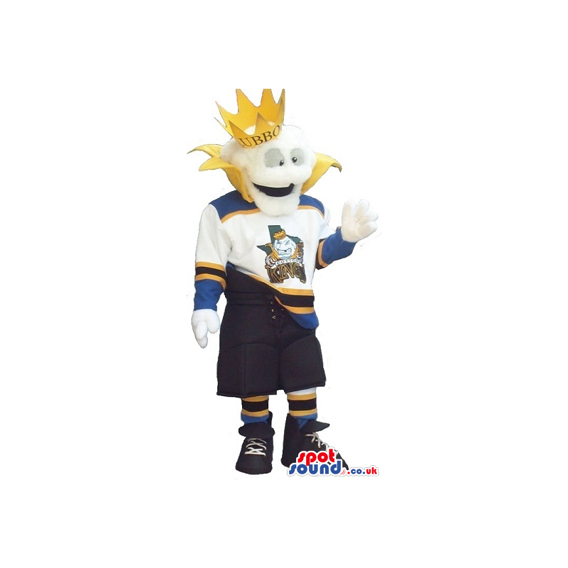 White Plush Mascot Wearing A Crown And Sports Clothes With A