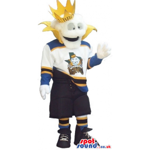 White Plush Mascot Wearing A Crown And Sports Clothes With A