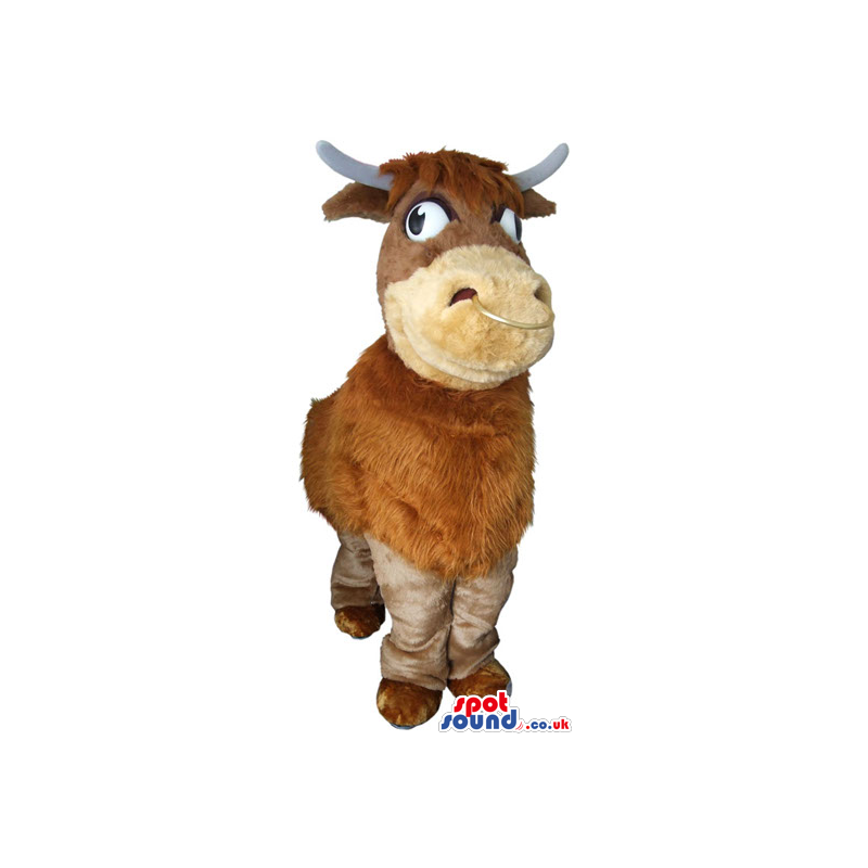 Customizable Brown Hairy Cow Plush Mascot With Lazy Eyes -