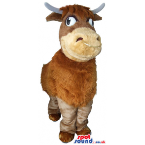 Customizable Brown Hairy Cow Plush Mascot With Lazy Eyes -