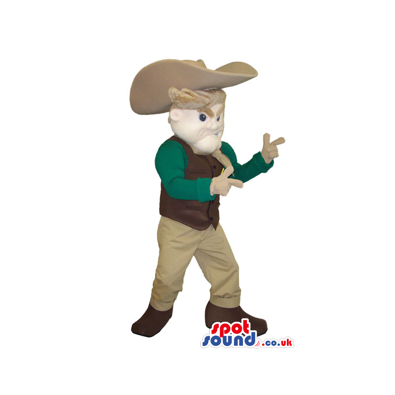 Cowboy Character Mascot With Green And Beige Clothes And Hat -