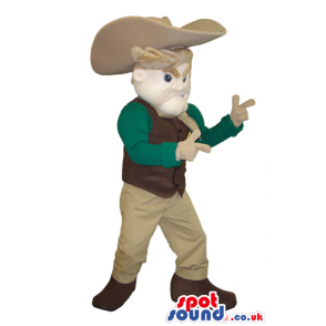 Cowboy Character Mascot With Green And Beige Clothes And Hat -