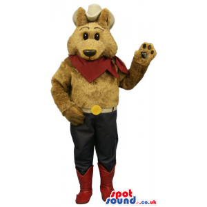 Brown Bear Cowboy Plush Mascot With A Big Hat And Red Neck