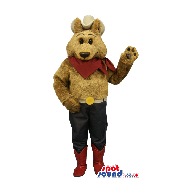 Brown Bear Cowboy Plush Mascot With A Big Hat And Red Neck