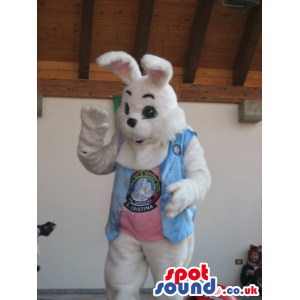 White Bunny Rabbit Plush Mascot Wearing A Vest With A Logo -