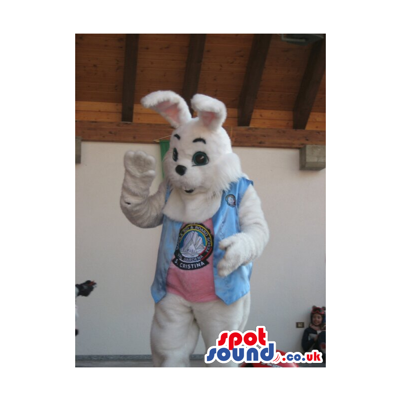 White Bunny Rabbit Plush Mascot Wearing A Vest With A Logo -