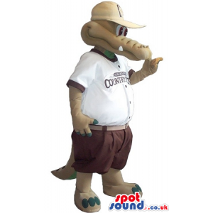 Brown Crocodile Plush Mascot Wearing A Shirt And Pants With
