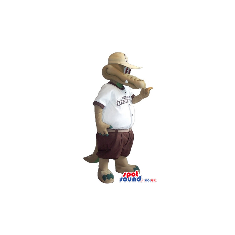 Brown Crocodile Plush Mascot Wearing A Shirt And Pants With
