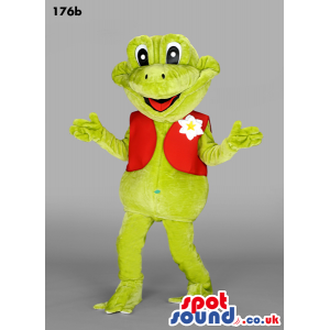 Green Frog Plush Mascot Wearing A Red Vest With A Flower -