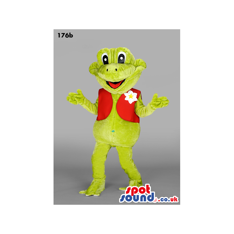Green Frog Plush Mascot Wearing A Red Vest With A Flower -