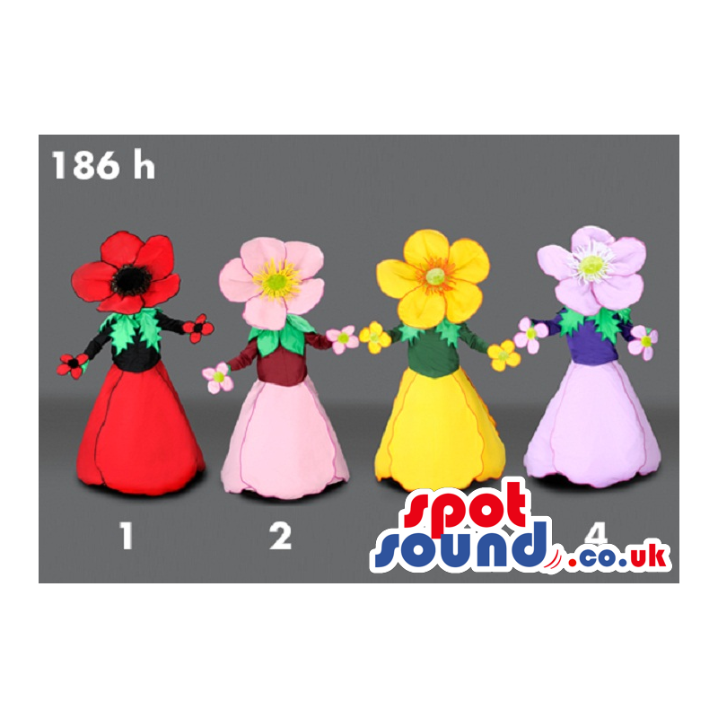 Four Flower Mascots With No Face In Different Colors - Custom