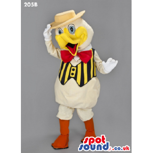 Cute Duck Plush Mascot Wearing A Hat, Vest And Bow Tie - Custom