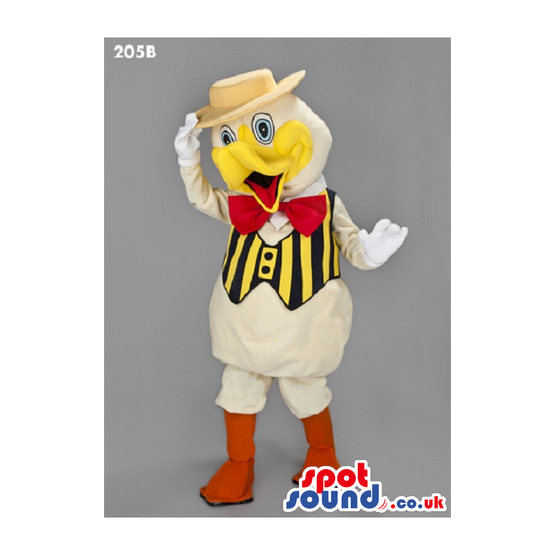Cute Duck Plush Mascot Wearing A Hat, Vest And Bow Tie - Custom
