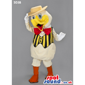 Cute Duck Plush Mascot Wearing A Hat, Vest And Bow Tie - Custom