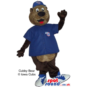 Cute Brown Teddy Bear Mascot Wearing Baseball Clothes With Logo