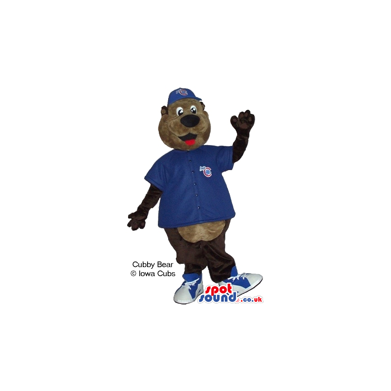 Cute Brown Teddy Bear Mascot Wearing Baseball Clothes With Logo