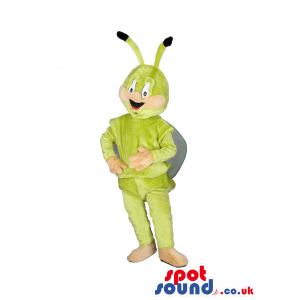 Green bee mascot witj white wings and cream hands and legs -