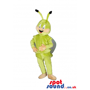 Green bee mascot witj white wings and cream hands and legs -
