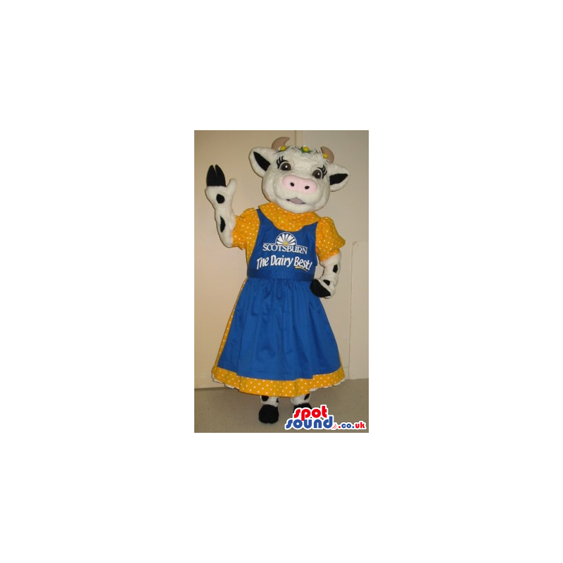 White Lady Cow Plush Mascot Wearing Farm Dress With Logo And