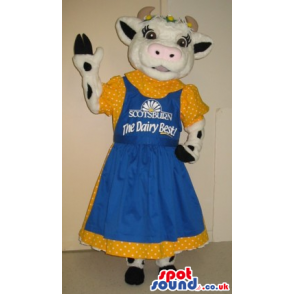 White Lady Cow Plush Mascot Wearing Farm Dress With Logo And