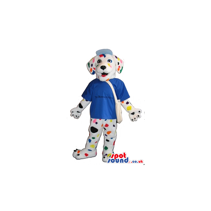 Dalmatian Dog Plush Mascot With A Blue T-Shirt And Colorful