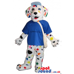 Dalmatian Dog Plush Mascot With A Blue T-Shirt And Colorful